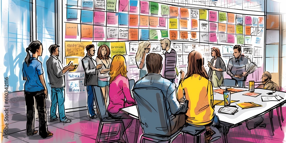 Innovation and Creativity: Group brainstorming in front of a giant  whiteboard filled with colorful sticky notes and sketches. Generative ai.  Stock Illustration