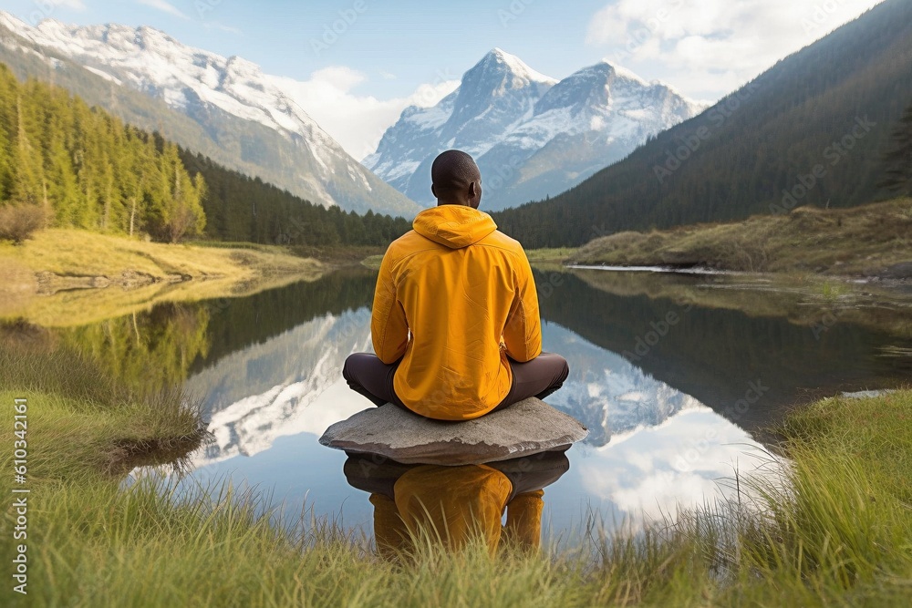 Contemplative Man on Lakeside Rock Surrounded by Mountains - AI Generative