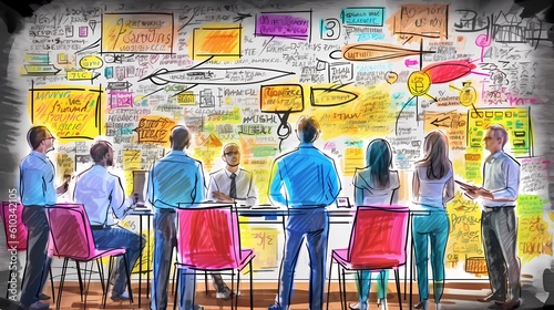 Innovation and Creativity: Group brainstorming in front of a giant whiteboard filled with colorful sticky notes and sketches. Generative ai. photo