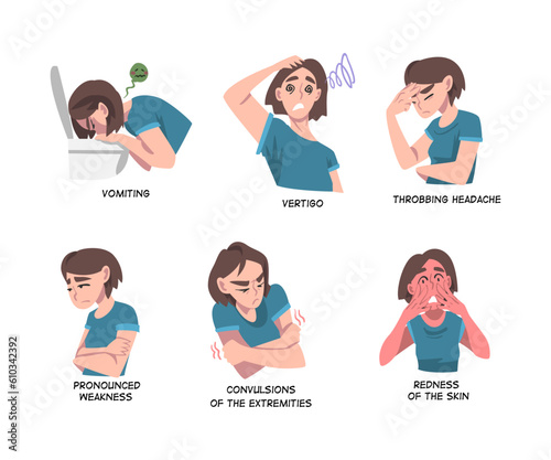 Sick Woman Suffer from Different Symptom of Heart Stroke Vector Set