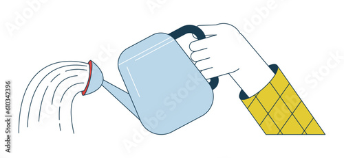 Hand holding watering can flat line vector spot illustration. Plant waterer 2D cartoon outline first view hand on white for web UI design. Pouring water equipment editable isolated colorful hero image