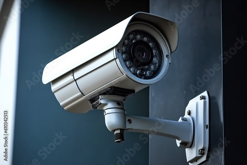 Security Camera on modern building. Professional surveillance cameras, CCTV on the wall in the city, Security system, Video equipment for safety system area control outdoor, created with Generative AI