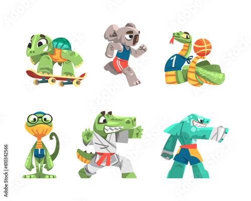 Funny Animal Character Playing Sport Game Vector Illustration Set