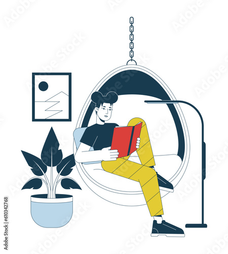 Reading in hanging chair flat line vector spot illustration. Asian woman reading book 2D cartoon outline character on white for web UI design. Girl bookworm editable isolated colorful hero image