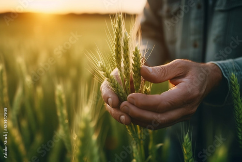 Close - up of Farmer hand holding green wheat ears in the field.