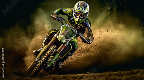 Rider Riding Green Motocross Dirt Bike, make helmet., high contrast. Ai, artificial intelligence, photo