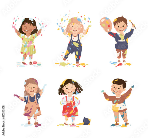 Little Boy and Girl Smeared in Paints Holding Artist Brush Vector Illustration Set