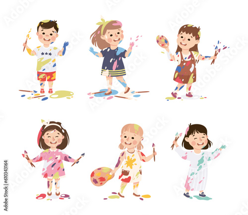 Little Boy and Girl Smeared in Paints Holding Artist Brush Vector Illustration Set