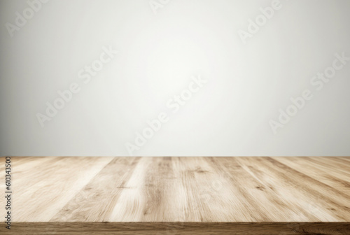 Beautiful empty brown wooden table top and blurred defocused modern interior background with daylight flare  product montage display. Gen.ai