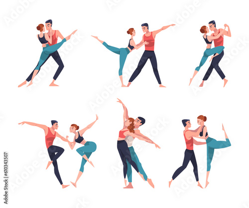 Man and Woman Dancer Moving in Tandem Performing at Choreography Class Vector Illustration Set