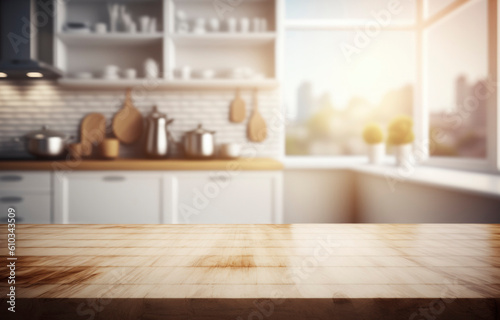 Beautiful empty brown wooden table top and blurred defocused modern kitchen interior background with daylight flare, product montage display. generative a