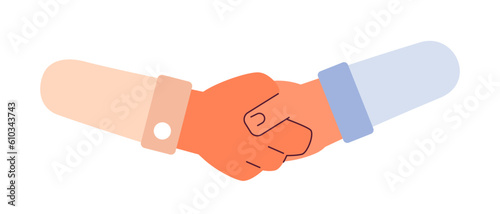 Shaking hands for business networking semi flat colorful vector hands. Successful closing deal. Businesspeople. Editable clip art on white. Simple cartoon spot illustration for web graphic design