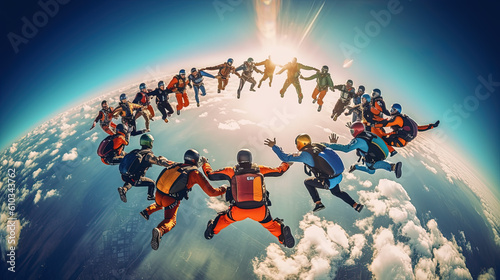 Canvas Print Skydiving people doing a formation in free fall, back viewSkydiving people doing