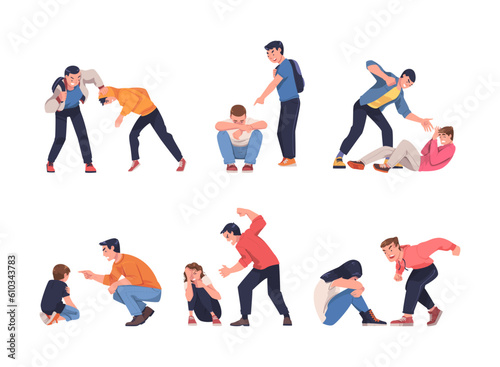 Aggressor and Victim with Violent Man Shouting and Abusing Weak Vector Set