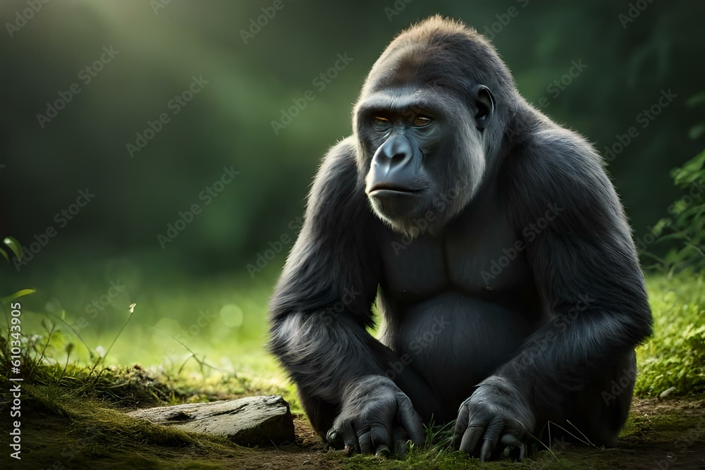 portrait of a gorilla in the forest by AI generating