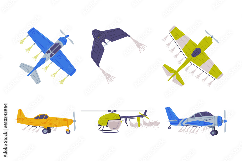Agricultural Biplane with Propeller for Aerial Application of Pesticides Vector Illustration Set