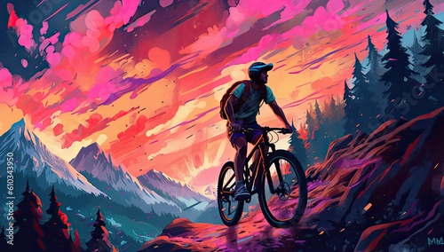 Man riding a bike to the top of mountain. Colorful digital artwork paiting. 