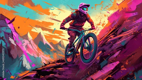 Obraz Man riding a bike to the top of mountain. Colorful digital artwork paiting. 