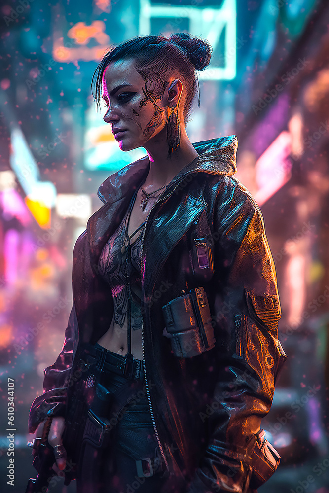 A cyberpunk femme fatale holding a glowing energy weapon v2. Generative AI. A cyberpunk femme fatale holding a glowing energy weapon v2. Generative AI.