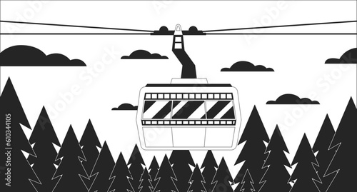 Cabin ropeway above forest skyline black and white lo fi chill wallpaper. Cableway in cloudy woods 2D vector cartoon landscape illustration, minimalism background. 80s retro album art, line art