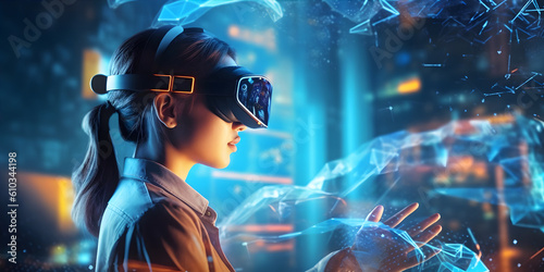 The Future of Work: An image of a person in a virtual reality headset working on a holographic computer, generative ai.