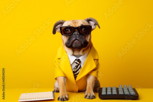 yellow dog finance worker pet background animal financial business humor funny. Generative AI.
