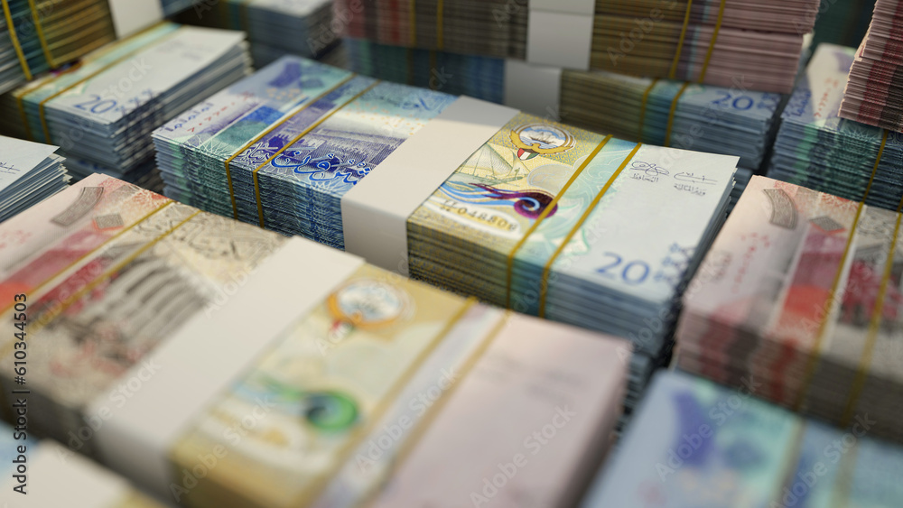 close up of stacks of Kuwaiti dinar notes. 3d rendering on bundles of money
