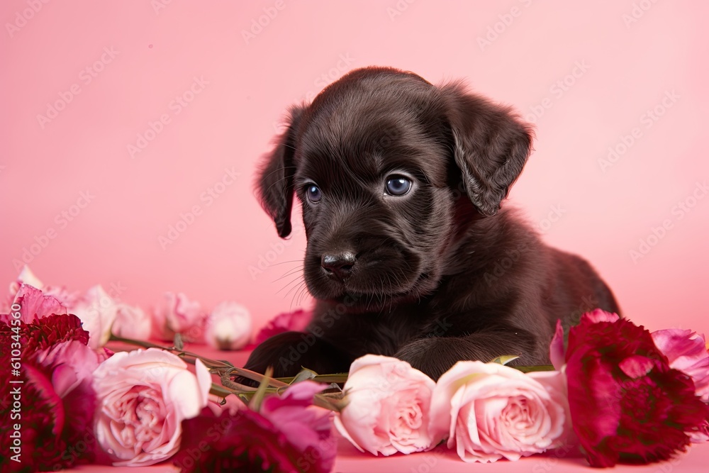 Adorable and affectionate puppy dog on a pink background surrounded by flowers. Generative AI Adorable and affectionate puppy dog on a pink background surrounded by flowers. Generative AI