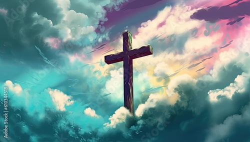 Spiritual illustration of a cross drawn with watercolors in the sky, representing the Christian and Catholic religion. Generative AI