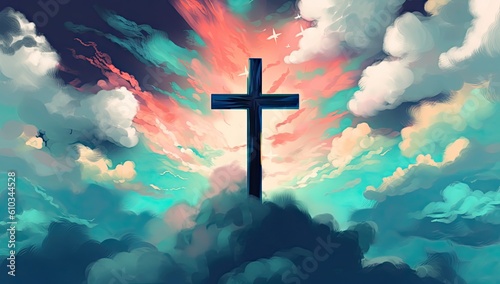 Spiritual illustration of a cross drawn with watercolors in the sky, representing the Christian and Catholic religion. Generative AI