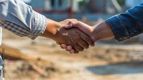 Close up of handshake in construction site. Employee or worker shake hands to employer man for greeting