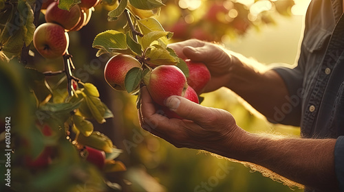Farmer picking apple fruits, close up, no face.