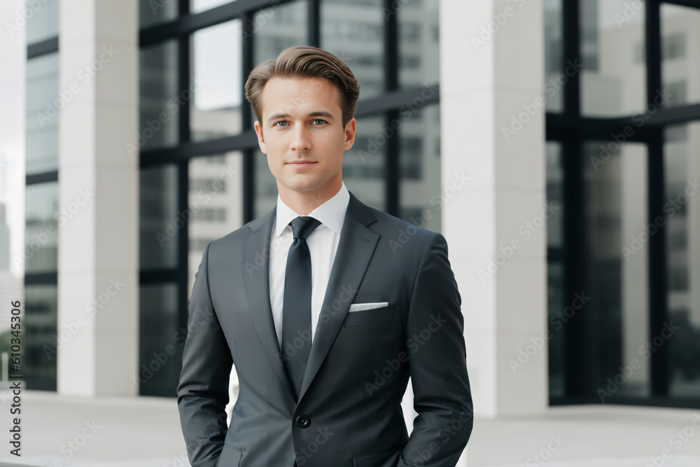 Young businessman standing in front of office Young businessman standing in front of office
