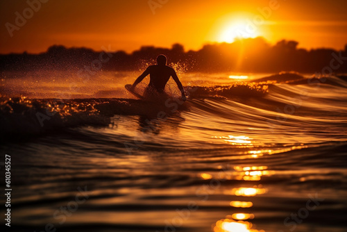 A high quality detailed silhouette of a surfer surfing the waves on his surfboard during sunset or sunrise. People water sport lessons and beach swimming activity on summer vacation. Generative AI