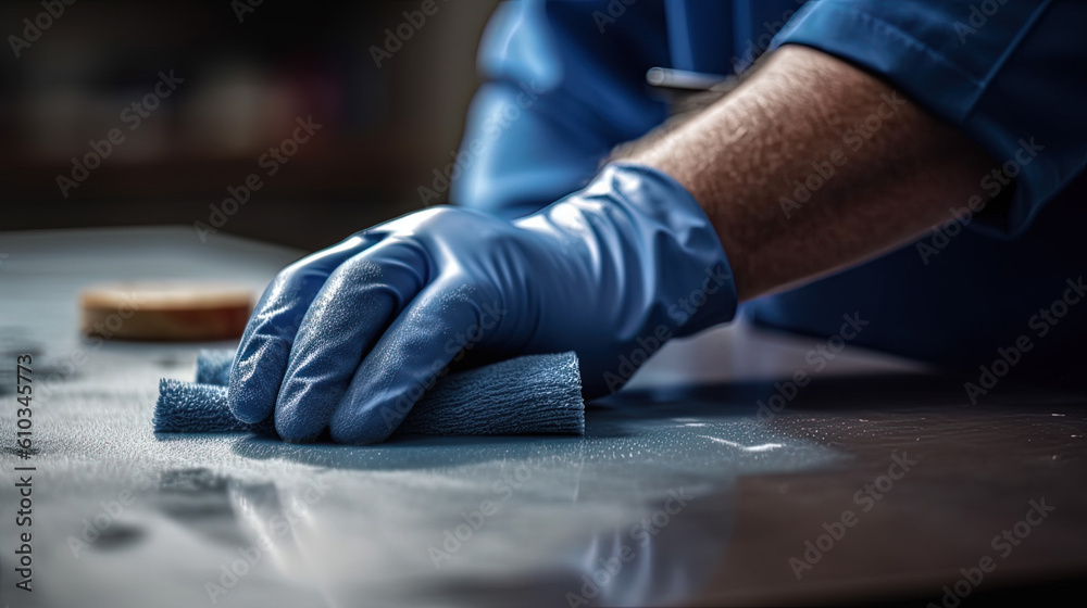 Fat men clean the house, wear blue gloves, are cleaning the table. Close Up Hand, No Face. Fat men clean the house, wear blue gloves, are cleaning the table. Close Up Hand, No Face.
