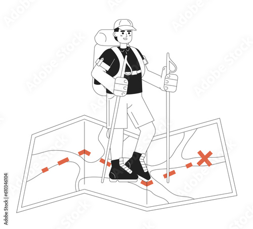 Adventure travel concept hero image. Backpacker trekking 2D cartoon outline character on white background. Wilderness backpacking isolated black and white illustration. Vector art for web design ui