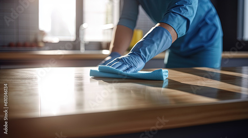 Fat men clean the house, wear blue gloves, are cleaning the table. Close Up Hand, No Face.