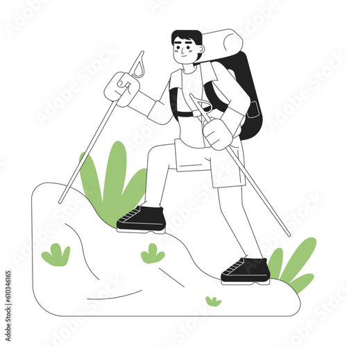 Hiker climber with trekking poles concept hero image. Outdoor recreation. 2D cartoon outline character on white. Nature walking isolated black white illustration. Vector art for web design ui