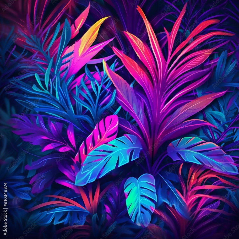 Neon tropical background. Created with generative AI technology. Neon tropical background. Created with generative AI technology.