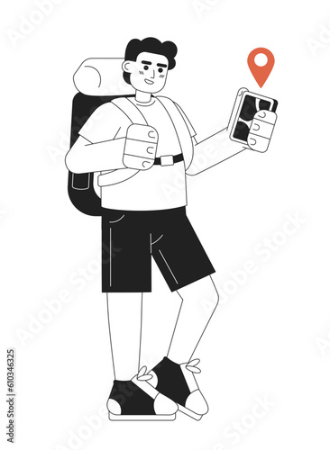 Male hiker looking at location tracking app flat vector cartoon outline character. Backpacker with phone spot illustration. Full body person isolated. Editable 2D black white drawing, graphic design