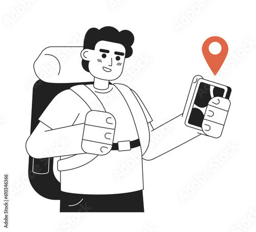 Male backpacker trekking with hiking app flat vector cartoon outline character. Traveler hitchhiker spot illustration. Half body person isolated. Editable 2D black and white drawing, graphic design