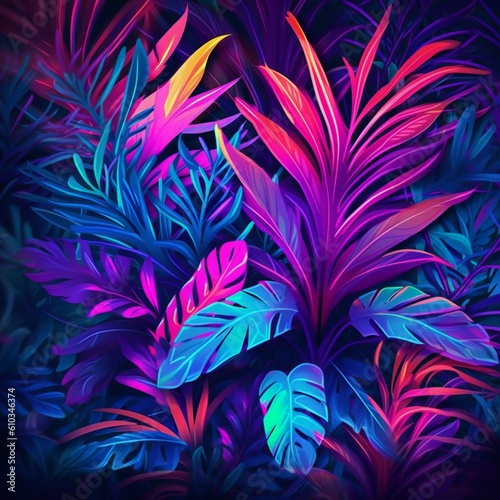 Neon tropical background. Created with generative AI technology.