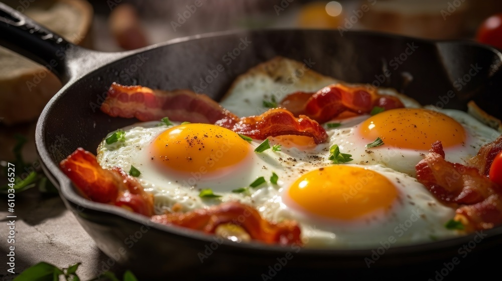 eggs sunny side up on a cast iron skillet with crispy bacon eggs sunny side up on a cast iron skillet with crispy bacon