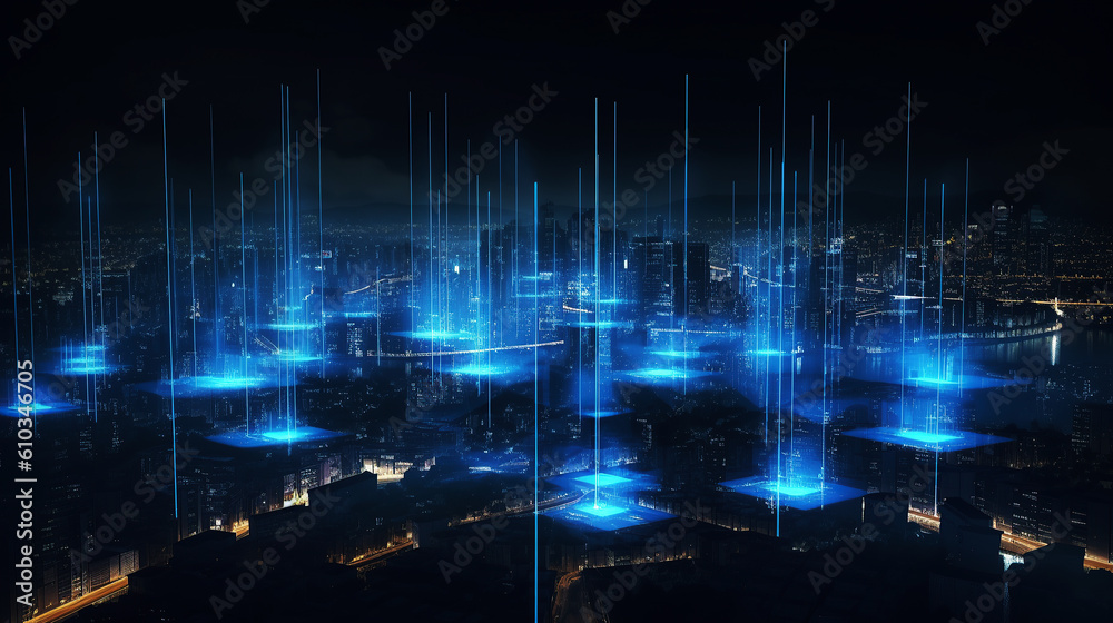 Ai generated illustration Virtual blue particle digital city skyline on black background