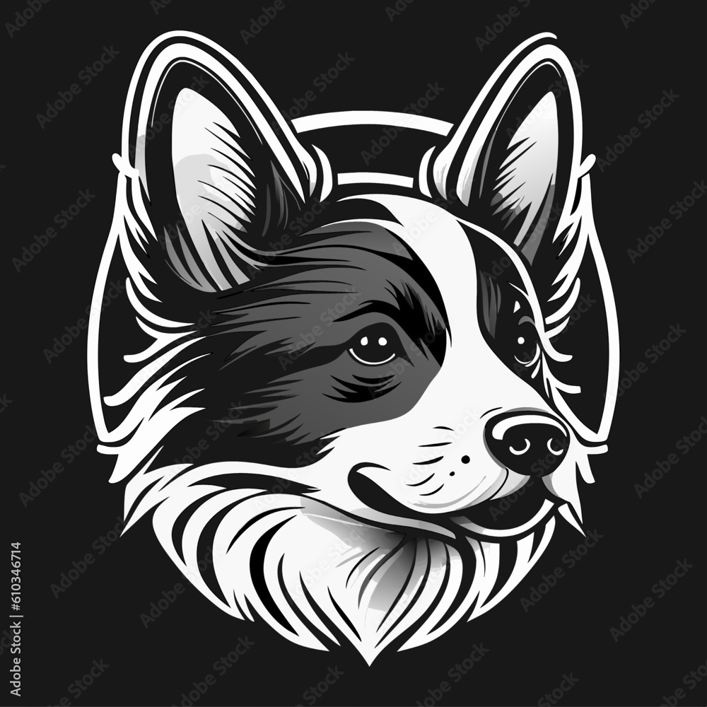 Vector illustration of a Welsh Corgi dog head on black background. for t-shirt and other uses.