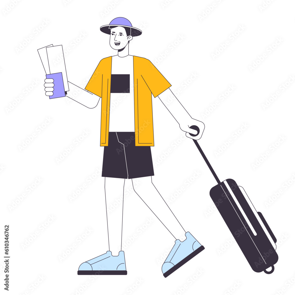 Going on vacation flat line vector spot illustration. Asian traveler carrying baggage 2D cartoon outline character on white for web UI design. Airport travelling editable isolated colorful hero image Going on vacation flat line vector spot illustration. Asian traveler carrying baggage 2D cartoon outline character on white for web UI design. Airport travelling editable isolated colorful hero image