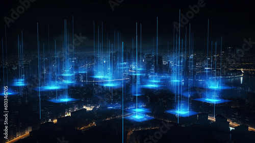 Ai generated illustration Virtual blue particle digital city skyline on black background