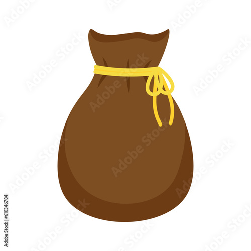 Bag flat vector illustration. Brown bag with yellow drawstring isolated on white background