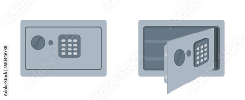 Open and closed safe vector illustration in flat style. Safe with open door and safe with closed door on isolated white background
