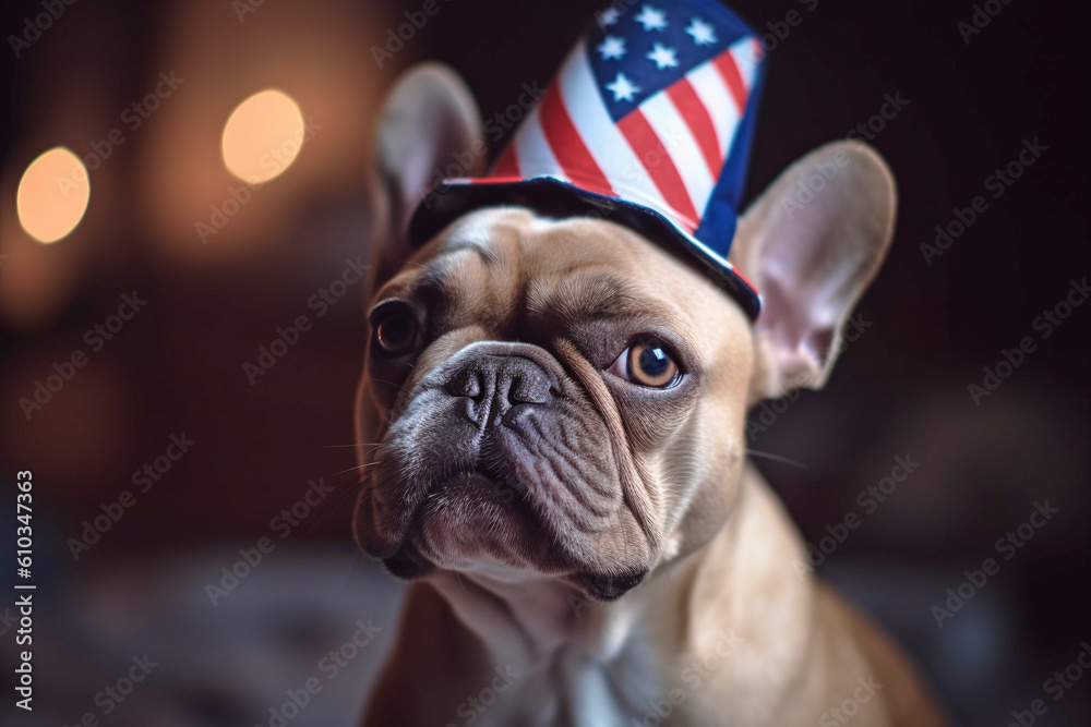 French Bulldog dog with hat in colors of American flag. Generative AI illustration